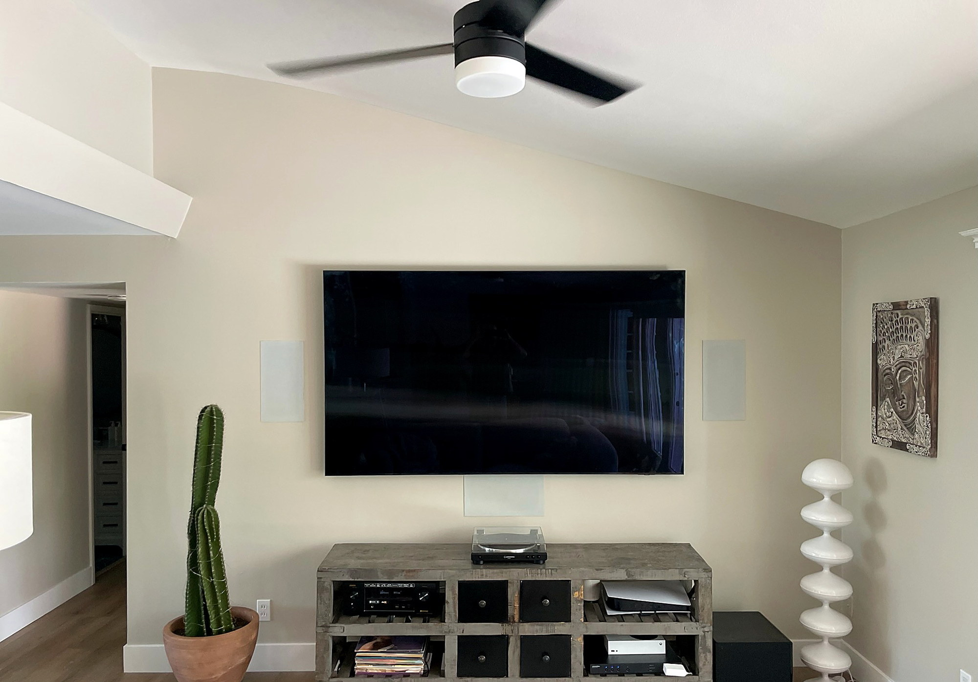 VistaMount TV and in-wall speaker installation in a finished living room